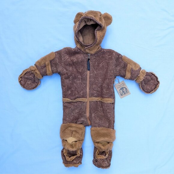 Kids 12 Month Brown Teddy Bear Bunting Zip Up Snowsuit Winter Cozy Faux Fur NWT - Picture 1 of 9